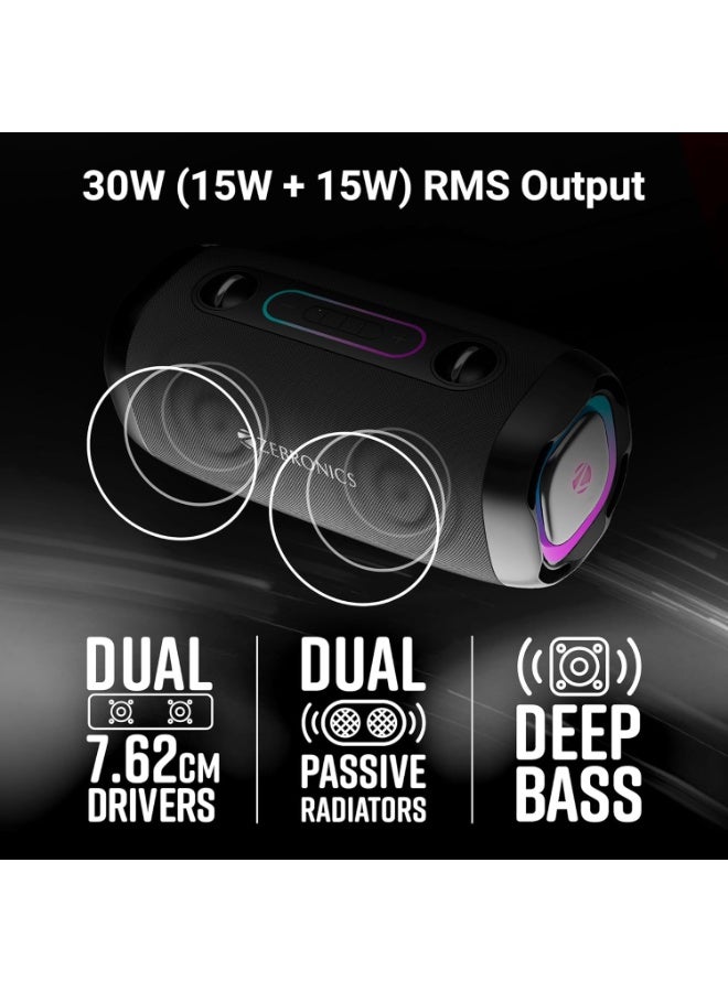 ZEBRONICS Sound Feast 85, Portable Bluetooth Speaker, 30 Watts, Upto 7 Hours Playback, Dual Passive Radiator, BTv5.3 | TWS | USB, RGB LED, Call Function, Carry Strap, Deep Bass (Black) - Image 4